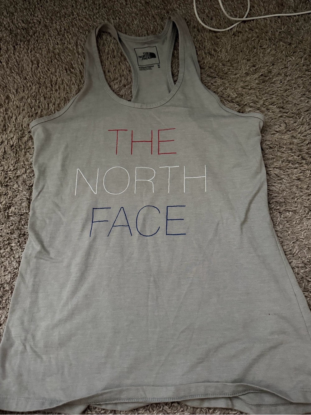The North Face Light Gray Racerback Tank with Red, White & Navy Logo